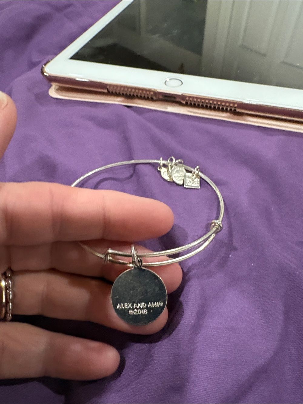 Silver Tone 'Celebrate Today' Round Charm Bangle Bracelet - Purple Accent - Picture 2 of 6